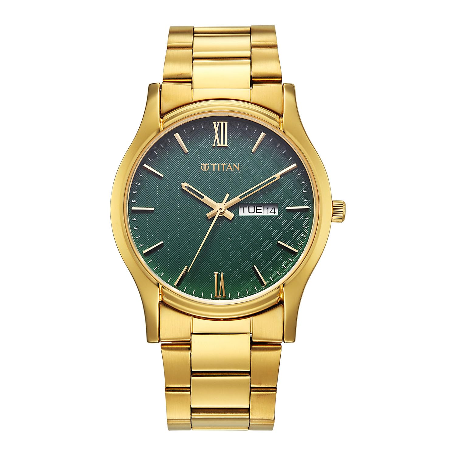 Titan Karishma Regal Classic Day-Date Green Dial IPG Stainless Steel Men's Dress Watch - 10059YM02-image-34