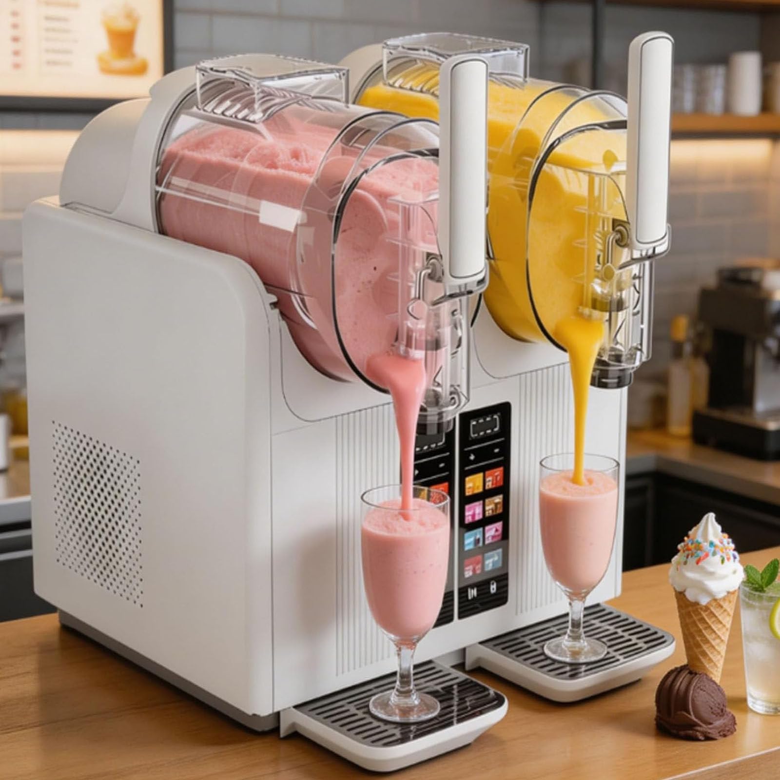 Drmoxin Slushie Maker Machine, 7-In-1 Slushy Maker, Double Head Soft Ice Cream Machine, 2 * 2l Tanks 430w, Touch Panel With Automatic Clean, Makes Slushies Milkshakes Cold Drinks White