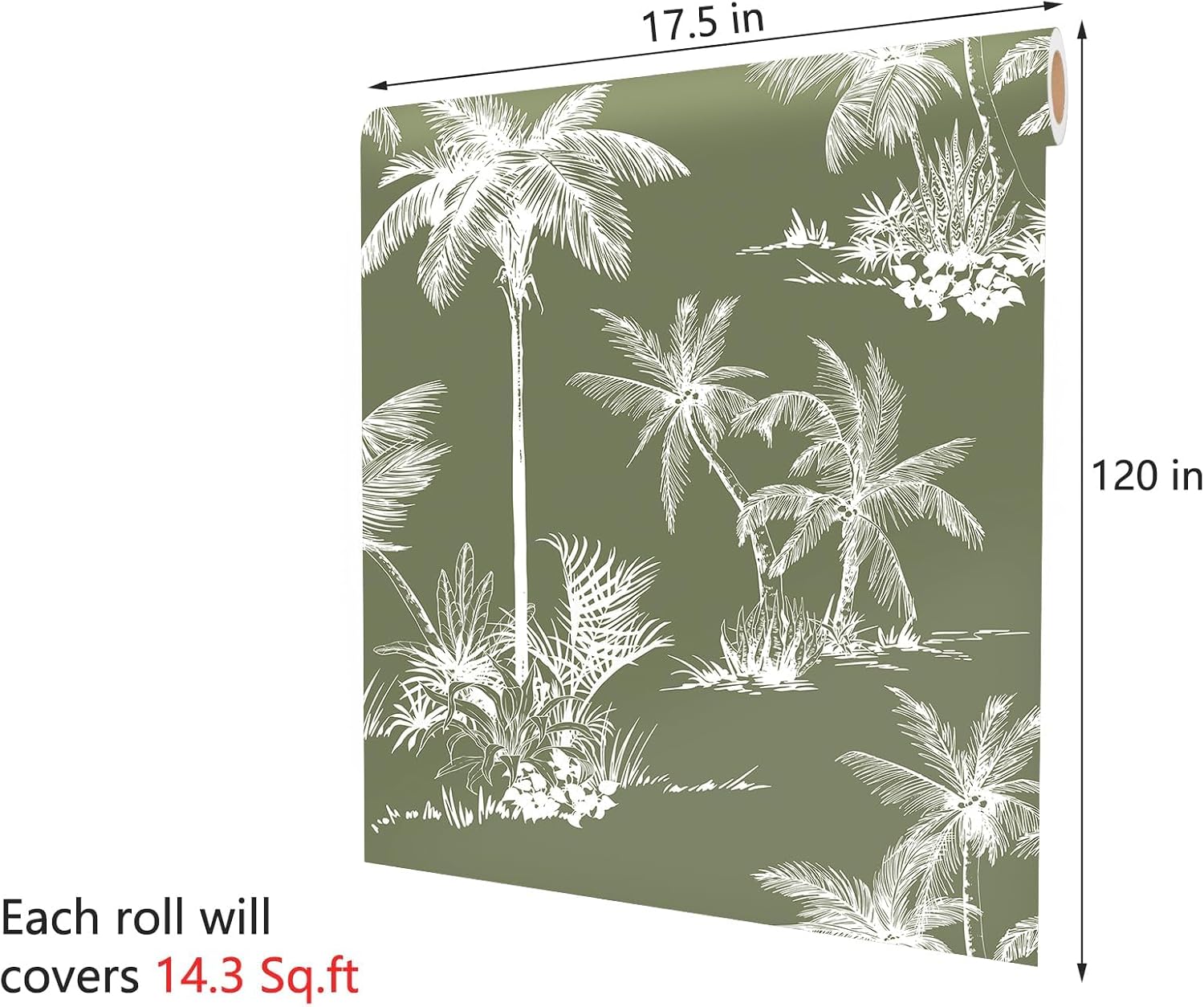 Decotalk Tropical Wallpaper Peel and Stick Green Tropical Wall Paper for Bathroom Green/White Palm Leaves Wallpaper 17.5x120 Inch Stick on Wall Covering Vinyl Palm Tree Contact Paper Leaf Botanic