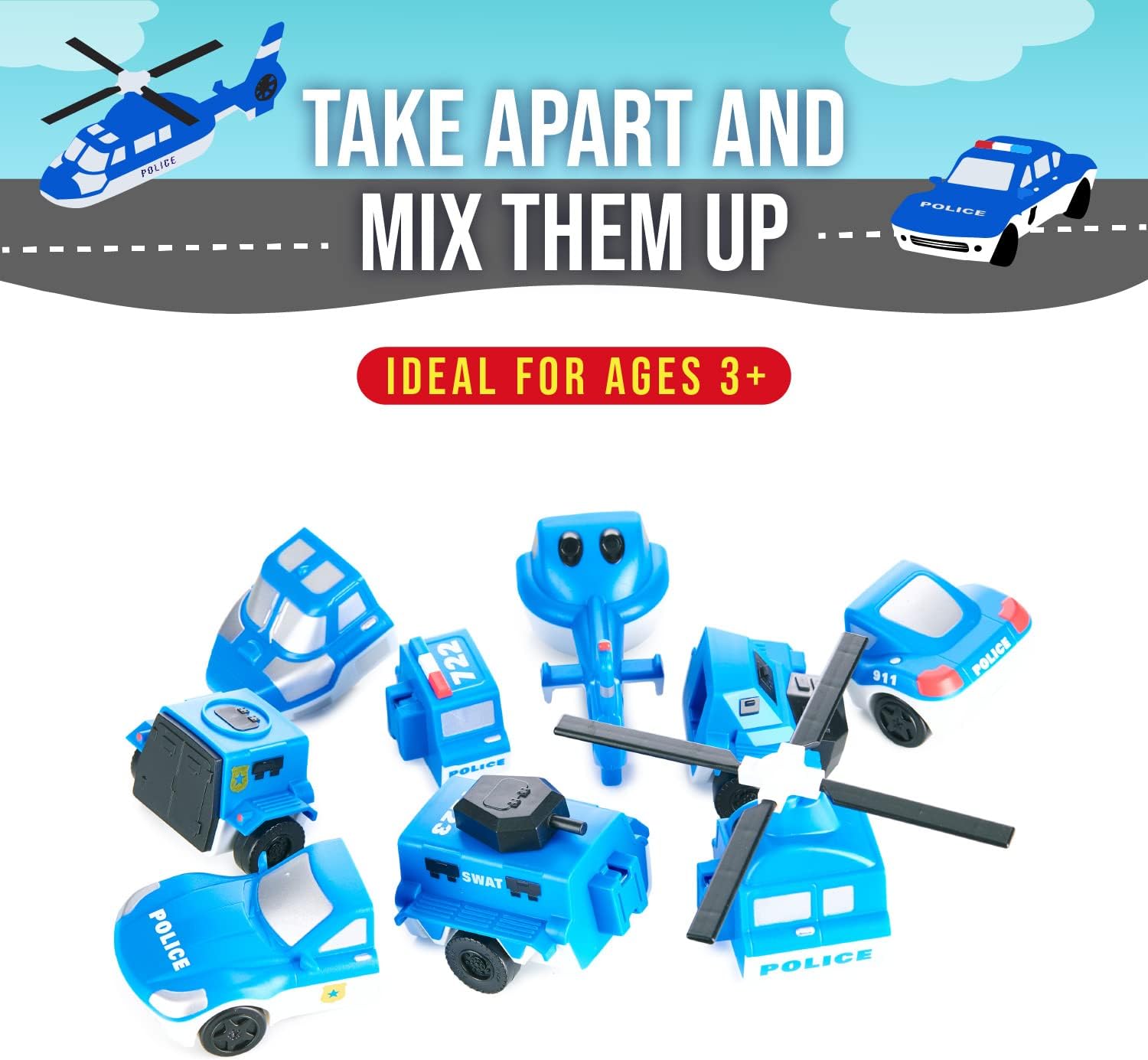 POPULAR PLAYTHINGS Magnetic Vehicles for Toddlers 1-3, Mix or Match Car Toys, Set of 3 Gift for Kids - Police - Image 3