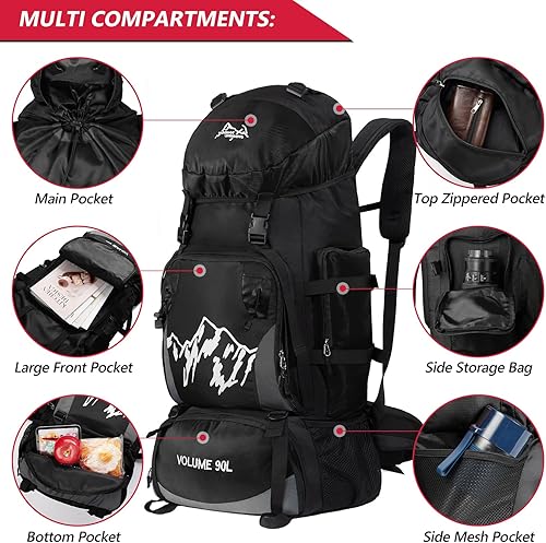 Miniatura 3 de Mochila de senderismo de 90 L, mochila de viaje de camping con cubierta de lluvia, mochila de viaje ligera para escalar, acampar, turismo, Negro -,