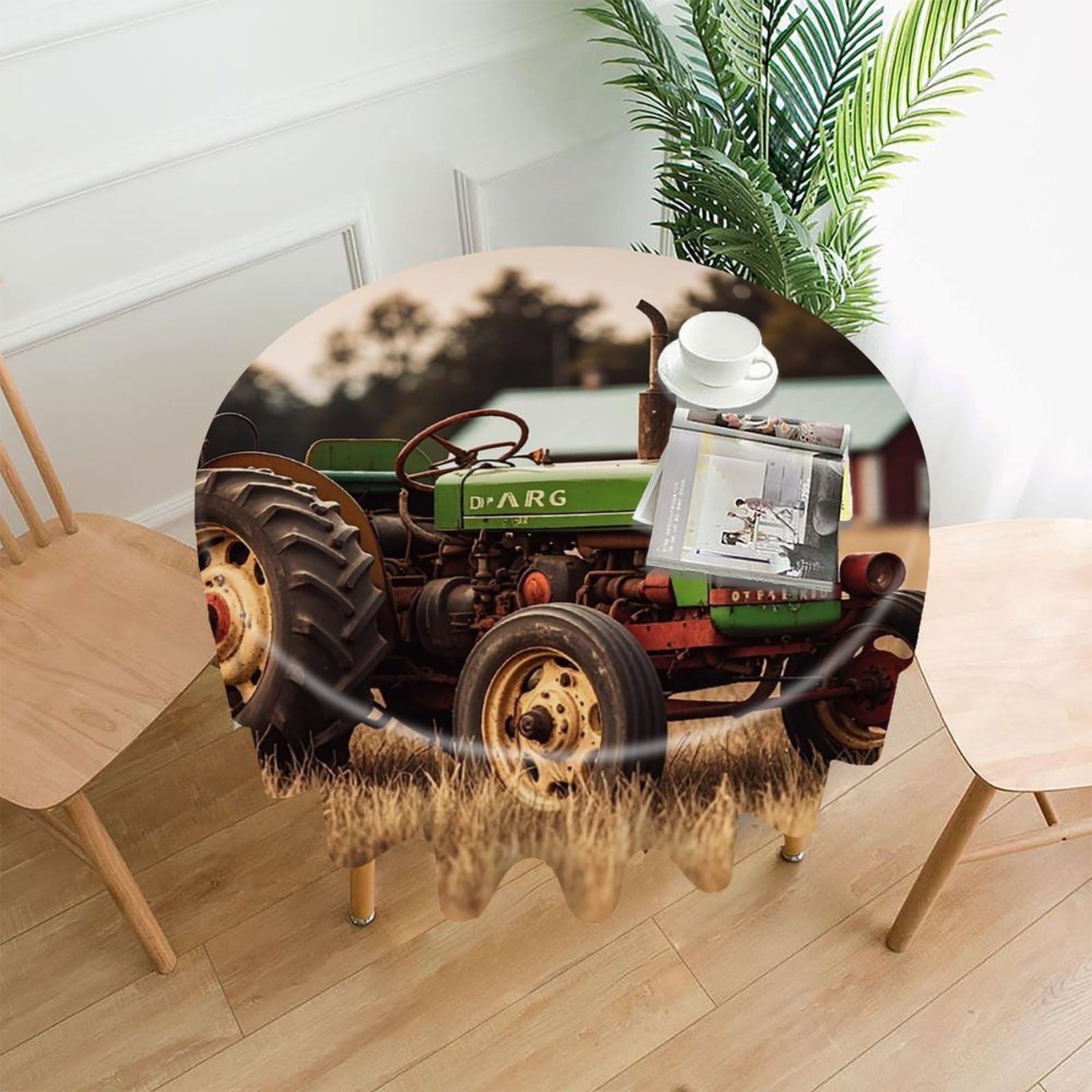 FekiLoot Old Tractor Photo Farm Tablecloth Decorative Round Table Cloth Wrinkle Resistant Washable Circle Table Cover Round Tablecloth for Picnic Party Camping Dining 60 Inch