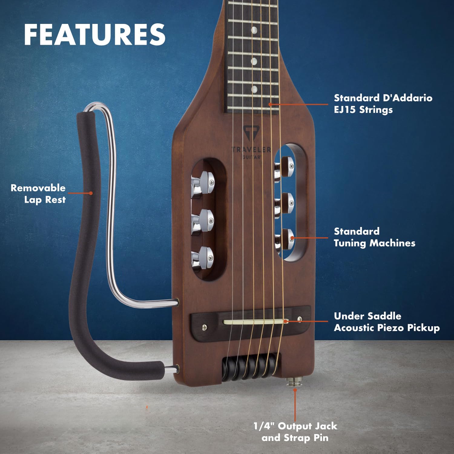 Traveler Guitar Chitarra acustica ultra leggera, per mancini, con poggiapolsi rimovibile, in scala completa da 24 3/4", con custodia personalizzata inclusa