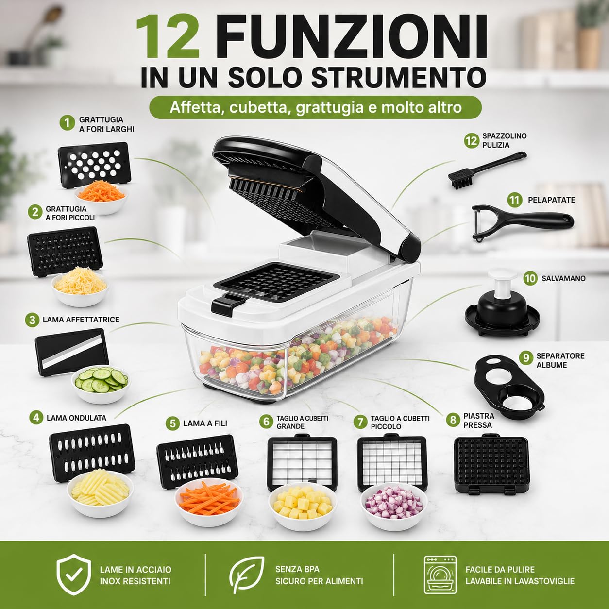 Mandolina per Verdure con 12 Accessori | Lame Intercambiabili in Acciaio Inox | Contenitore Trasparente | Tritatutto Multifunzionale per Verdure