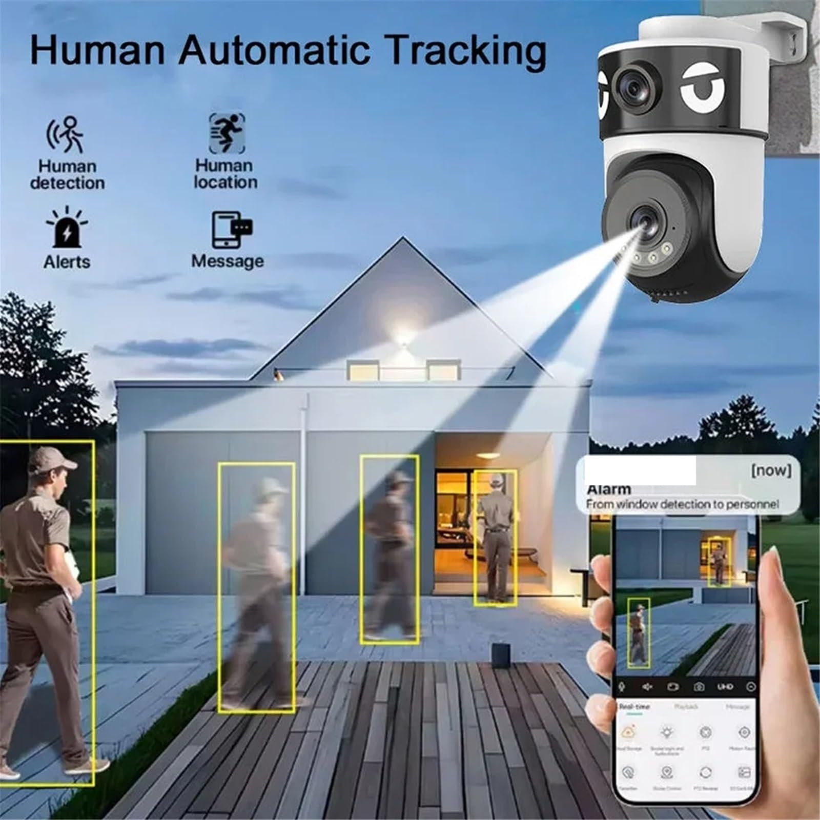 Telecamera IP PTZ di sicurezza WiFi da 10MP esterna Dual Lens 5K Allarme tracciamento automatico Outdoor IP66 Visione notturna Starlight impermeabile per magazzino commerciale(10MP WIFI 64G Card)