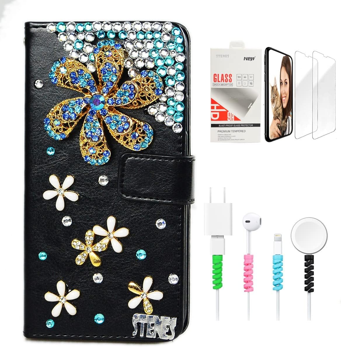 STENES Bling Wallet Phone Case Compatible with Moto G Pure Case - Stylish - 3D Handmade Luxury Rhinestone Flower Leather Cover with Screen Protector & Cable Protector - Purple