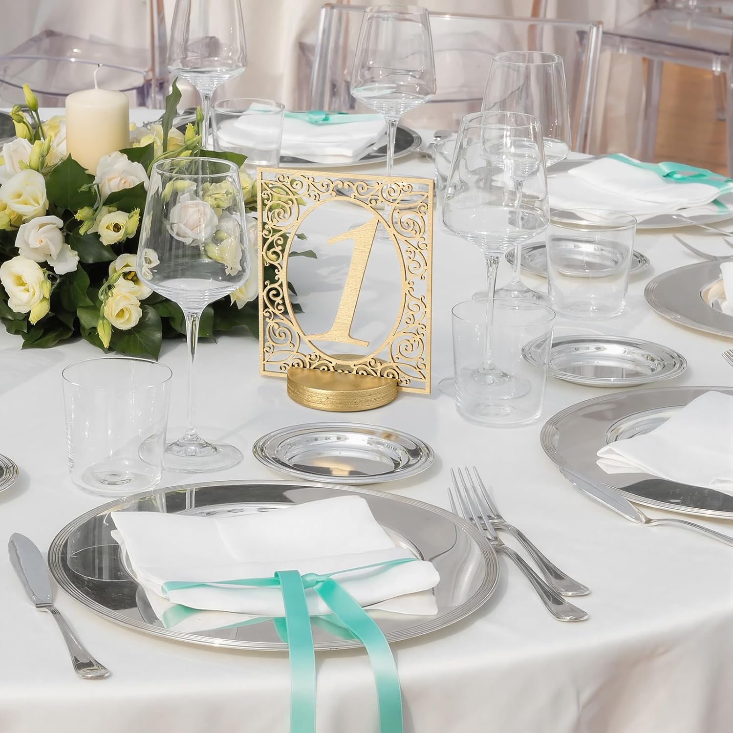 Novabright 10個 手描き ゴールド 木製テーブル番号 1-10 ウェディングカービングテーブル番号 ベース付き 素朴なゴ