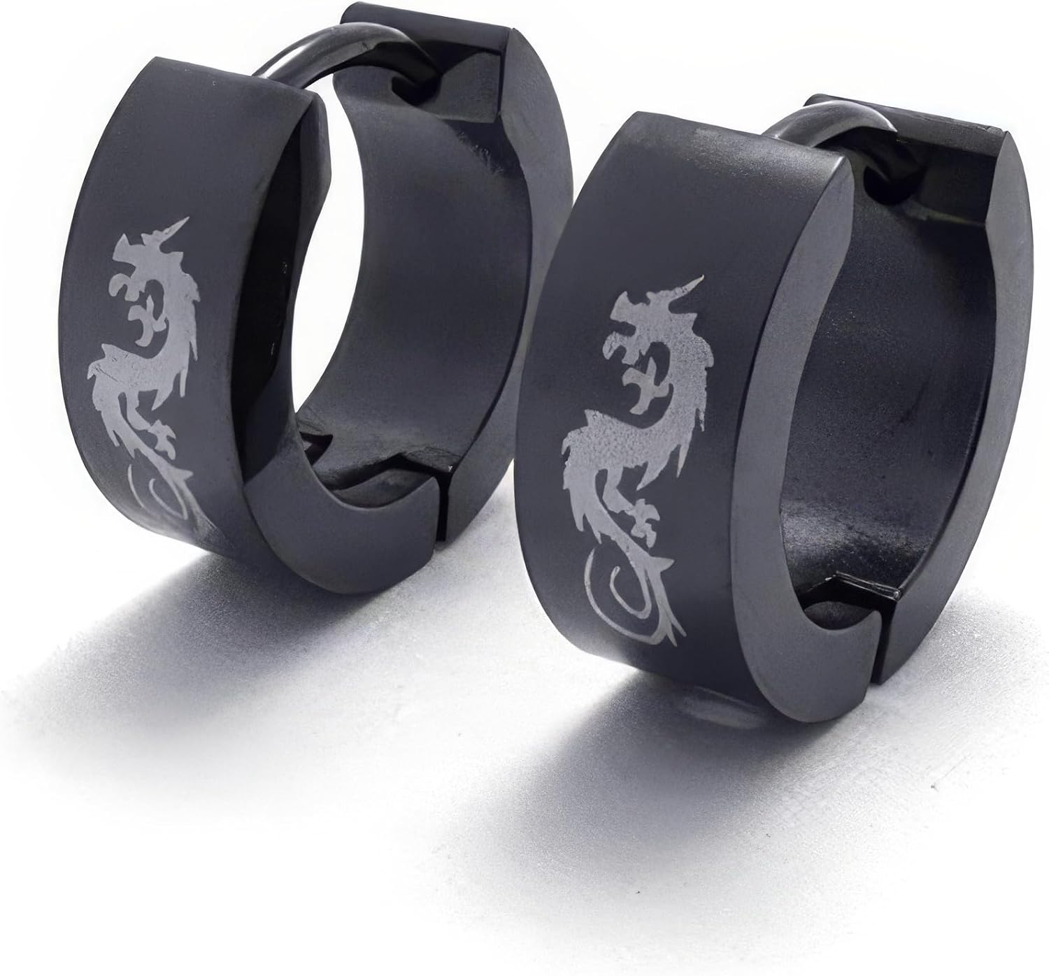 Jonline24h Mens Unique Stainless Steel Dragon Huggie Hinged Hoop Earrings Set, 2pcs, Color Black