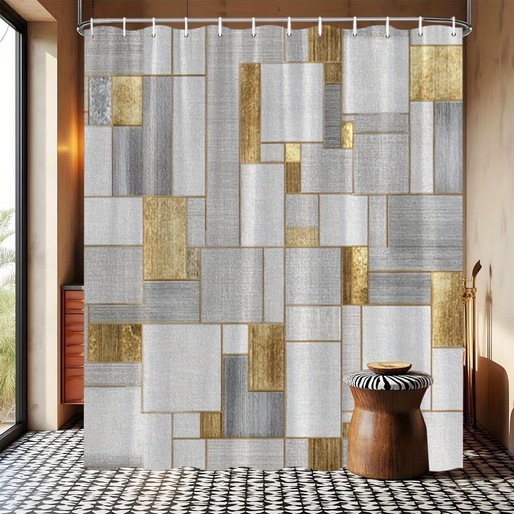 GLWDMB 1 Piece 90x180CM Abstract Grey and Golden Geometric Pattern Printed Shower Curtain With Hook, Polyester, for Windows And Walls, Bathtub, Bathroom, Machine Washable, All Season Universal
