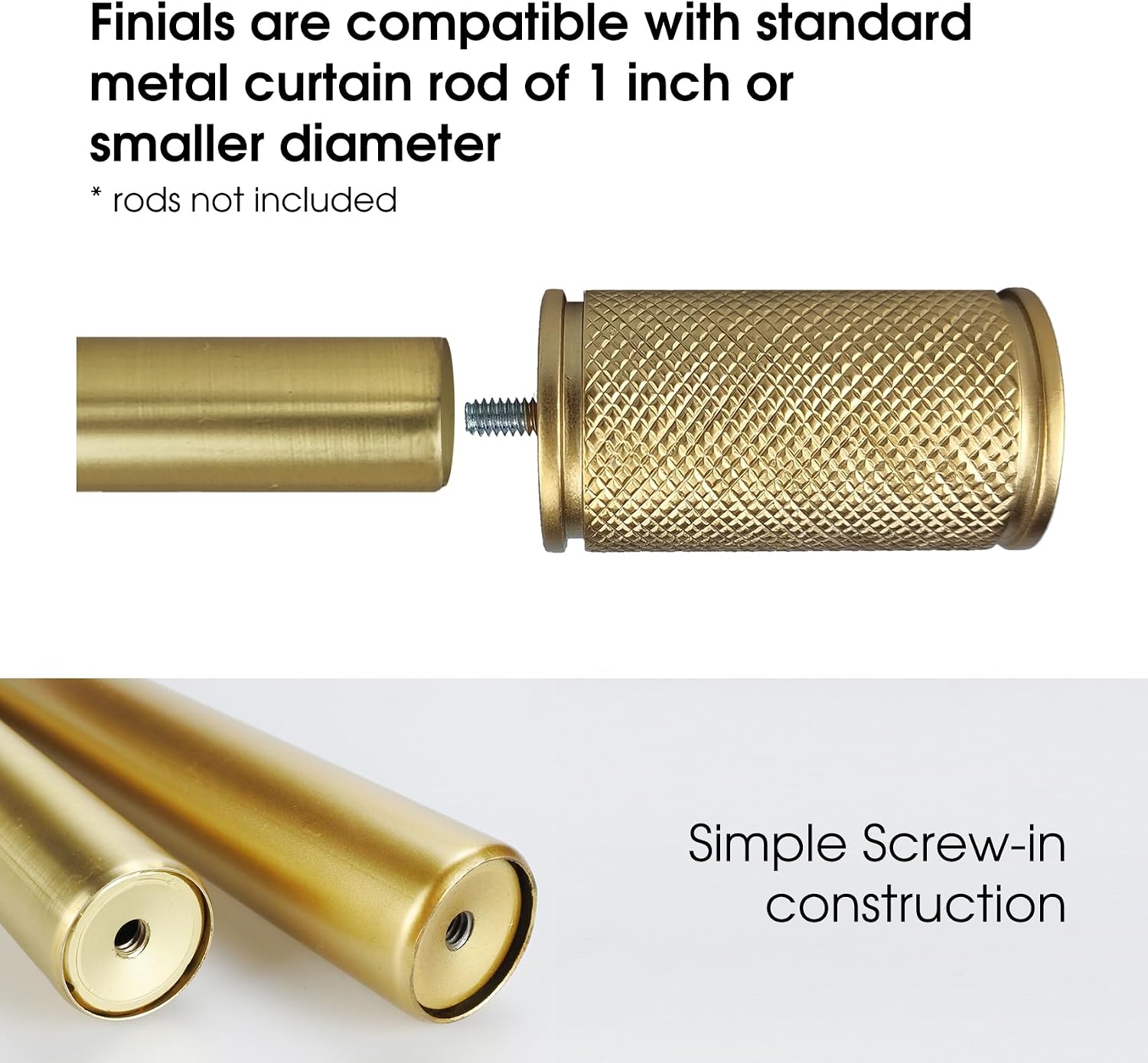 Decorative Curtain Rod Finials, Polyresin Gold Knurled Design Finials, Set of 2, Compatible with 1 inch Diameter Curtain Rod, Standalone Finial Pair