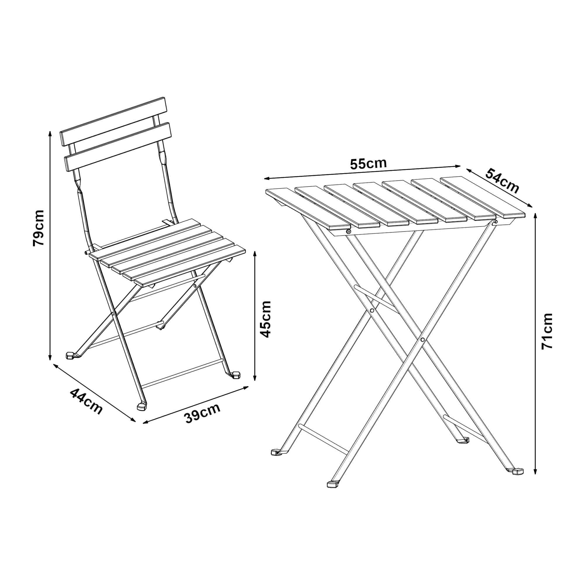 Set de Bistrot 3 Pièces Table et 2 Chaises Pliantes Meuble Jardin Balcon Patio Terrasse Acier Laqué Bois d'Acacia Noir Capacité 110 kg