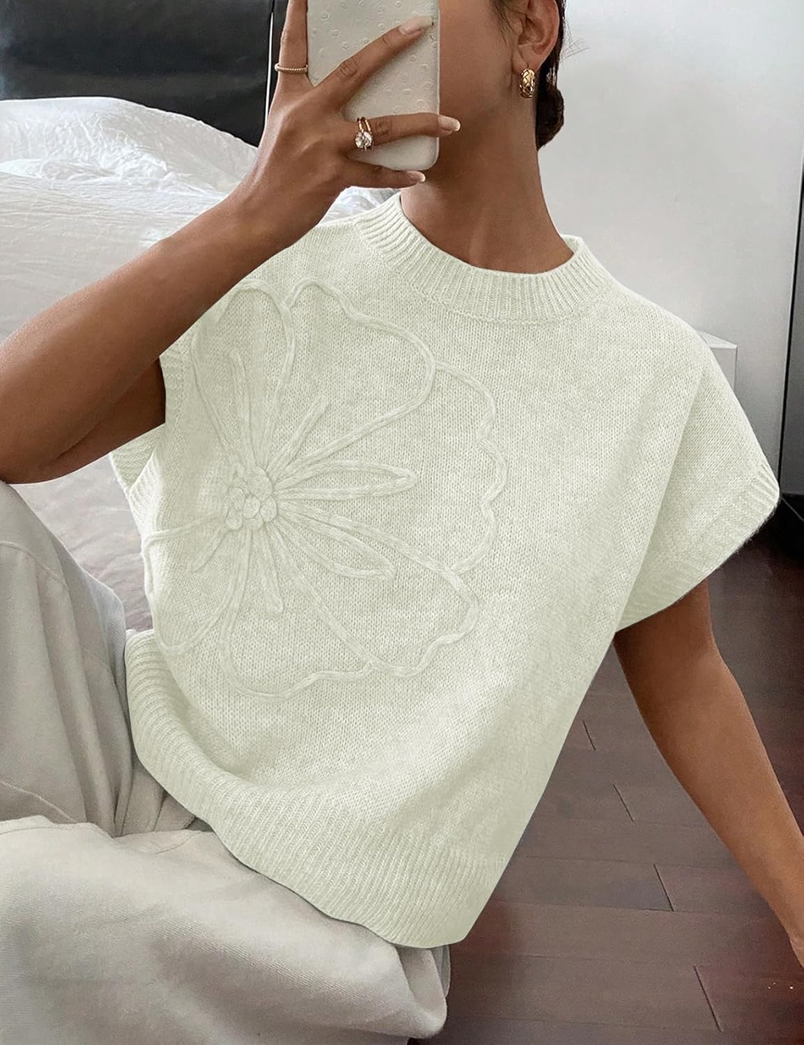 Womens Floral Sweater Vest Cute Cap Sleeve Tops 3D Flower Decor Knit Tank Top Loose Spring Fall Summer Clothes 2026 - Image 5