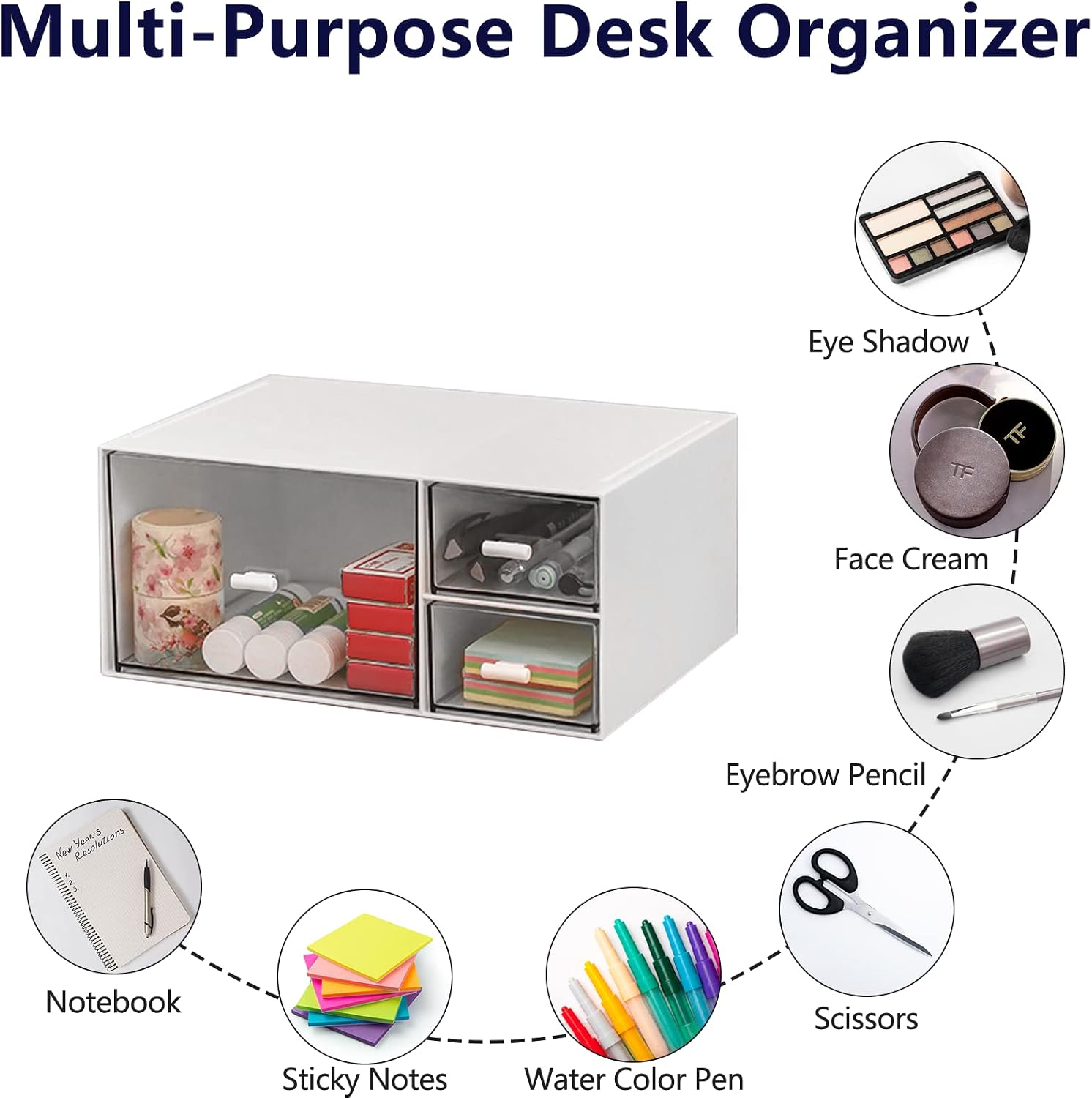 Desk Organizer Stackable Storage Drawers with 3 Compartments Stackable Drawers Great for Desk Storage, Makeup Storage Bathroom Organization Accessories Etc (White) image 5