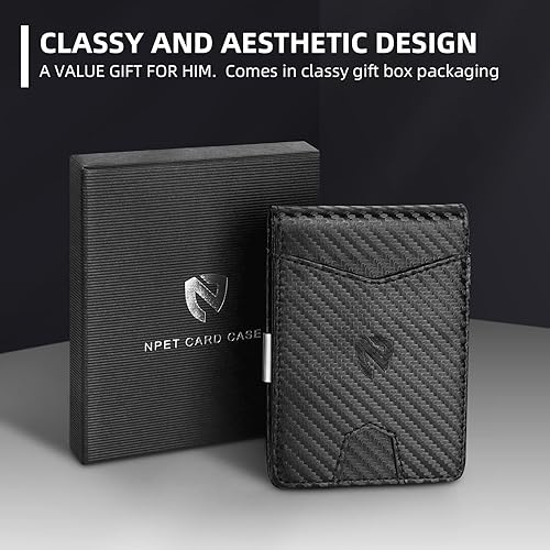 Miniatura 7 de NPET Cartera delgada para hombre, de piel, plegable, con bloqueo RFID, con clip para dinero y caja de regalo, Negro -, Cuero