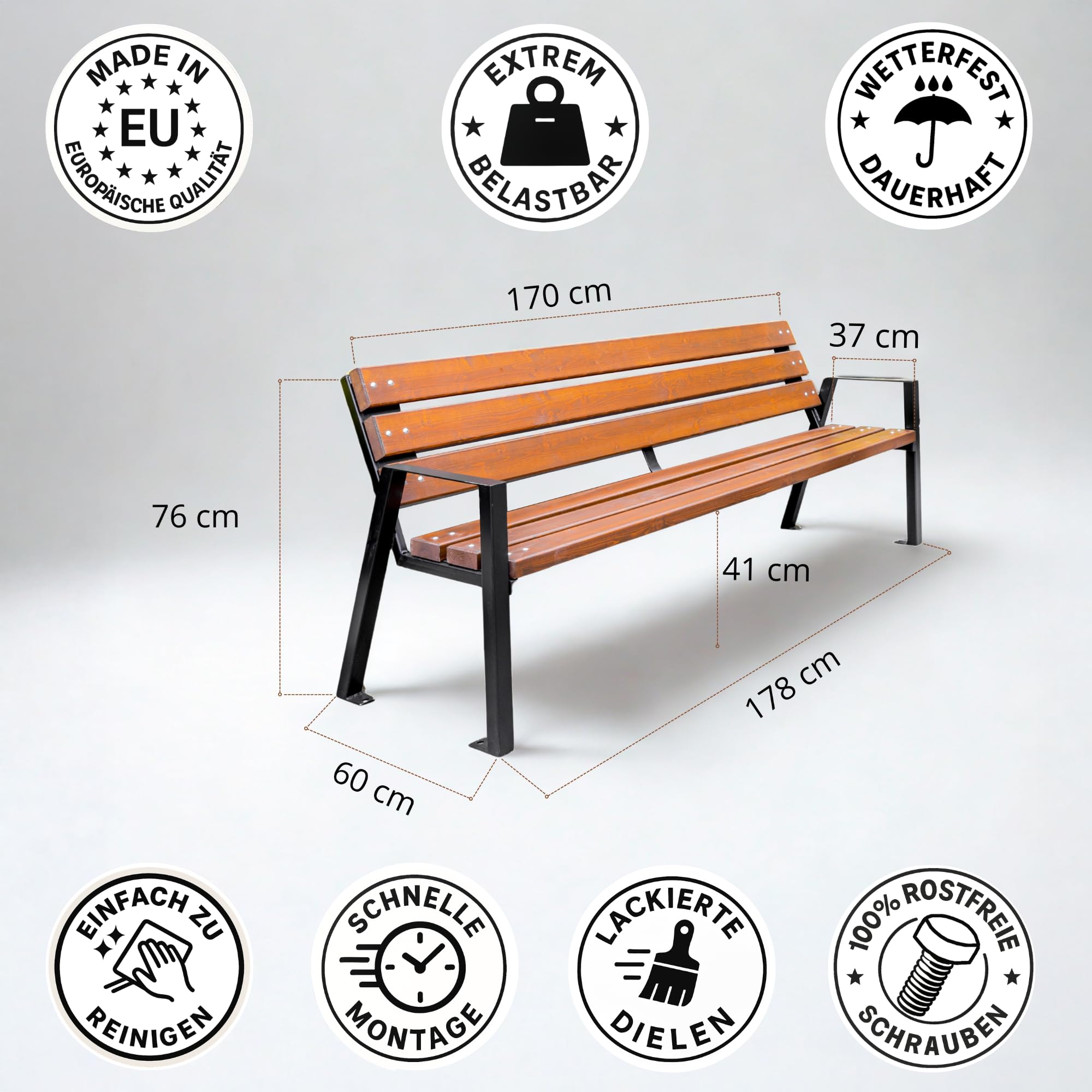 REKORD Gartenbank 178 x 60 x 76 cm Robuste Parkbank aus verzinktem Metall und Holz mit Rückenlehne wetterfeste Outdoor Sitzbank Bank für Garten Terrasse Balkon Vorgarten – Zeus Bis - Mahagoni