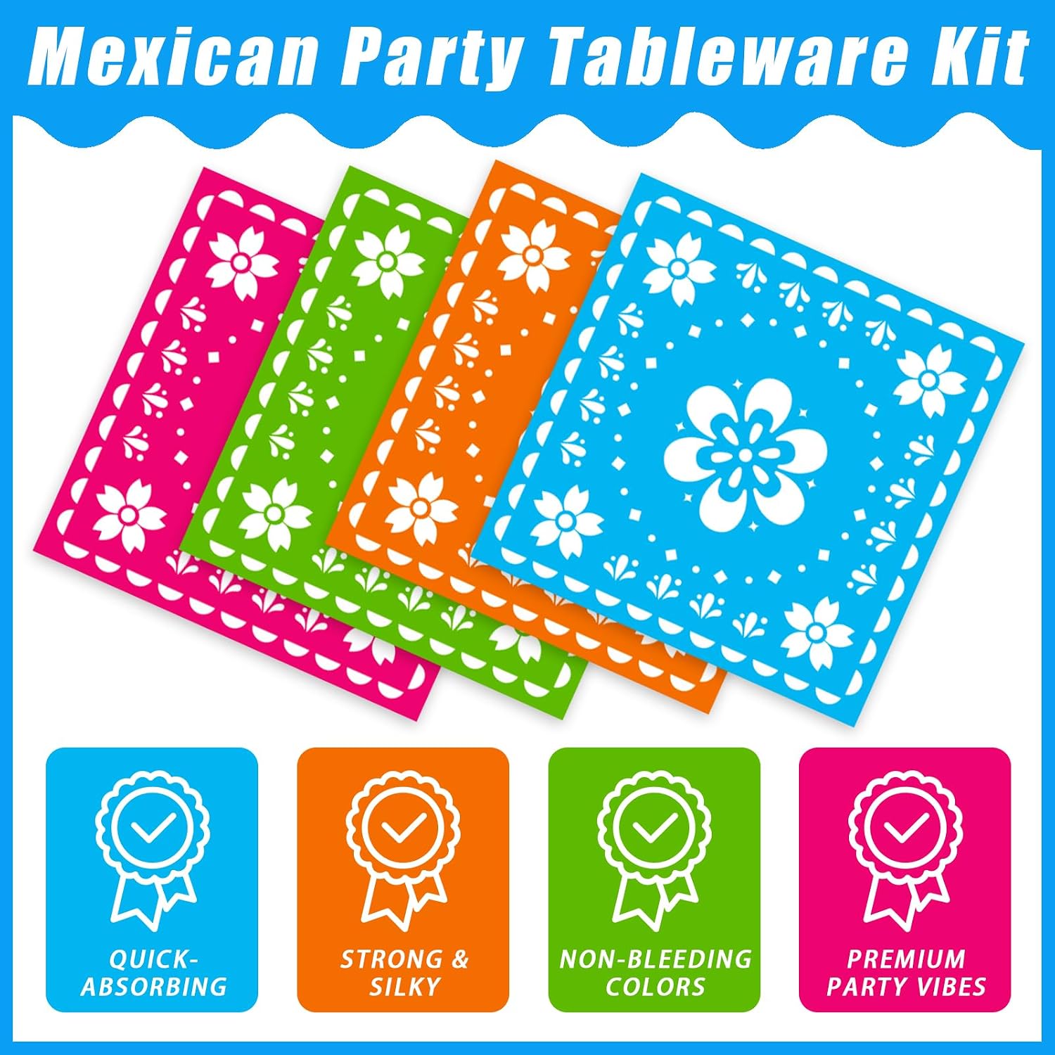 Kepeel 96 Pcs Fiesta Party Plates, Mexican Cinco De Mayo Party Decorations Supplies Mexican Papel Picado Disposable Paper Plates Napkins for Taco Carnival Birthday Baby Shower Tableware, Serves 24
