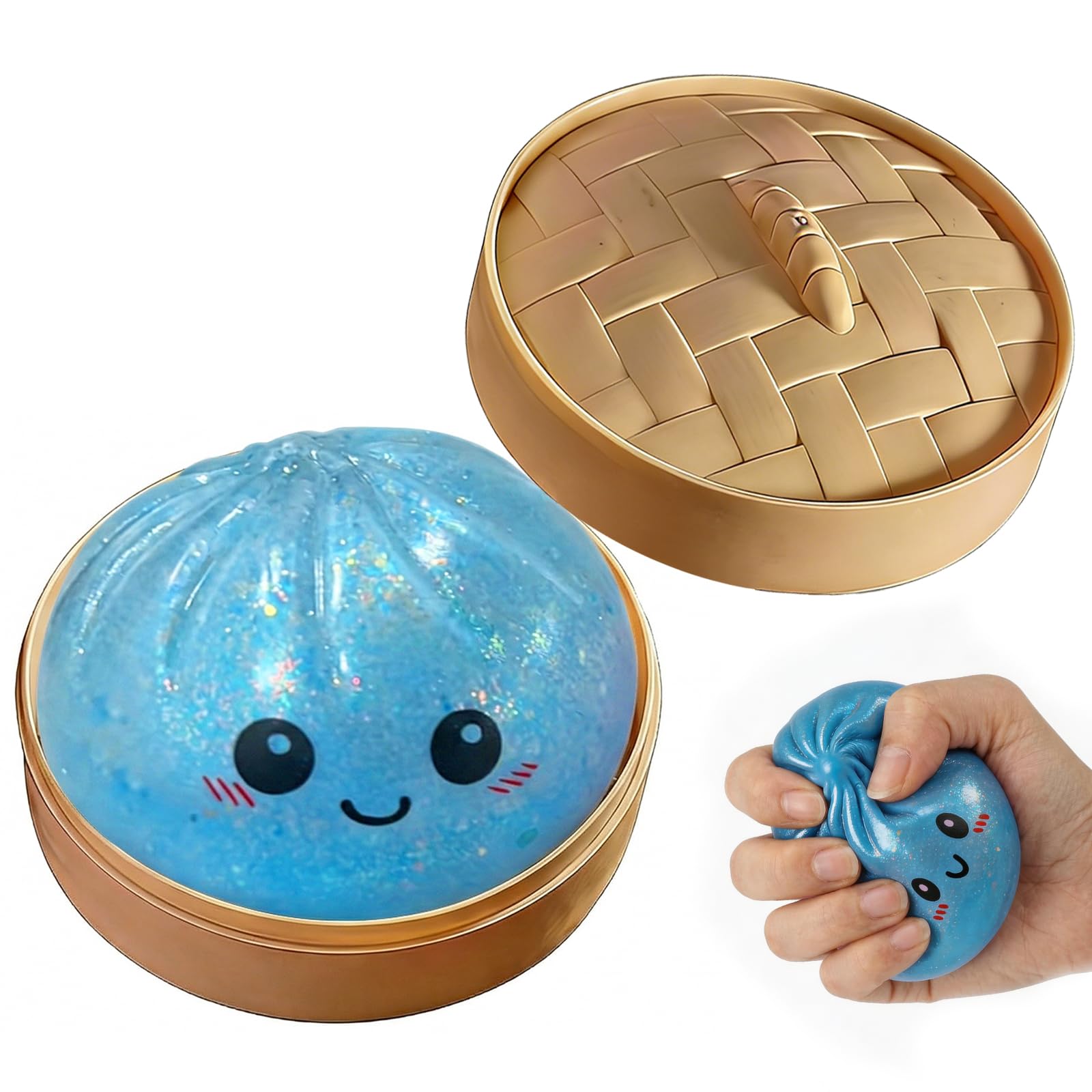 Photo 1 of Dumpling Squeeze Toy, Giant Dumpling Glitter, Colorful Steamed Bun Stress Balls Fidget Sensory Toy,Jumbo Squishy Toy with Steamer Box,Soft Squeeze Decompression Dough (Glitter Blue)