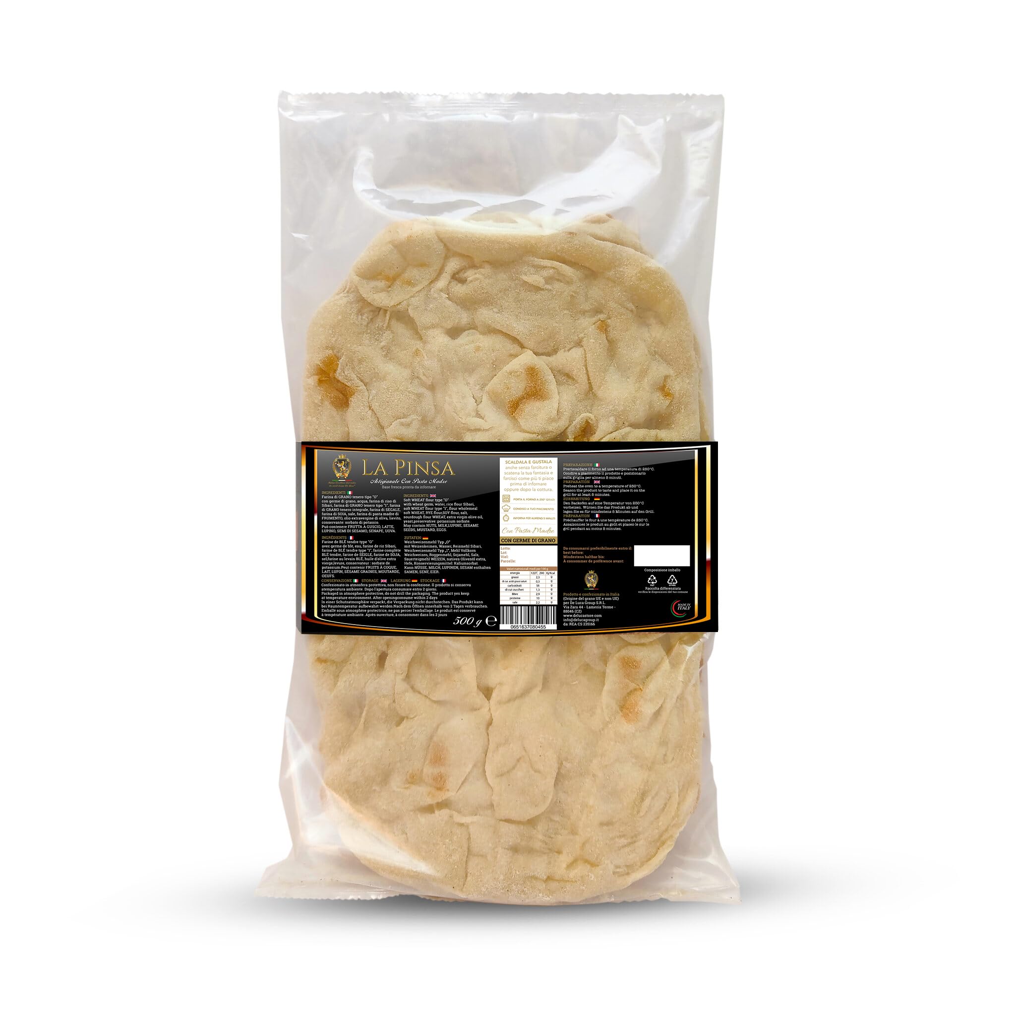 Pinsa Artesana Precocida, Base para Condimentar y Calentar, con Aceite de Oliva Virgen Extra y Levadura Madre, Elaborada en Calabria De Luca 500g, 2 Bases de Pinsa de 250g caja de 4 Bases 2 Paquetes
