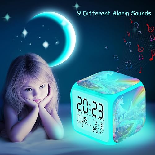 Miniatura 4 de Reloj despertador digital para niños con arco iris mágico para niños y niñas, lindo cubo de introducción con luz nocturna para ideas de regalo de