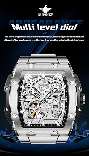 Miniatura 4 de OUPINKE Reloj para hombre, cuerda automática, de lujo, esqueleto, mecánico, vestido de negocios, cuadrado, relojes de pulsera con calendario,