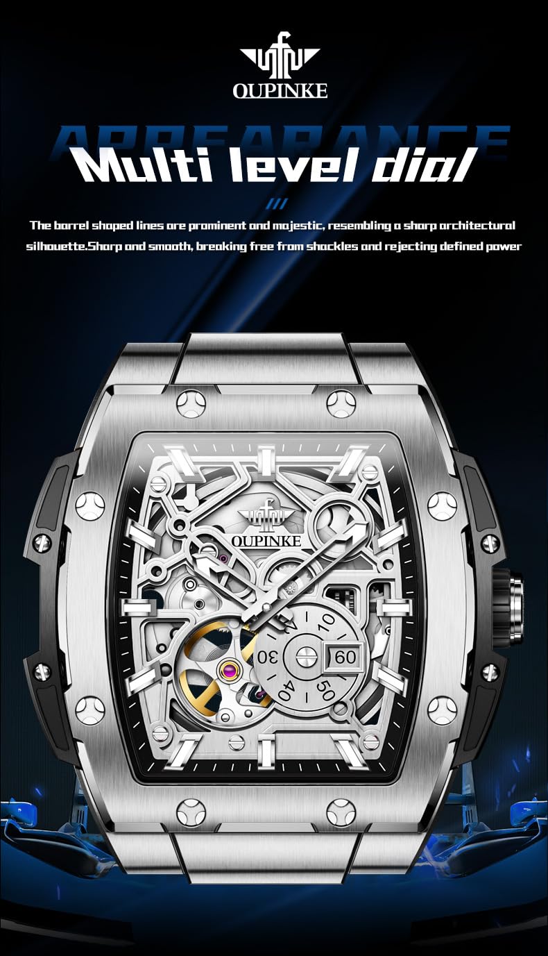 OUPINKE Watch Men Self Winding Luxury Skeleton Mechanical Business Dress Square Wrist Watches Calendar Black Watches