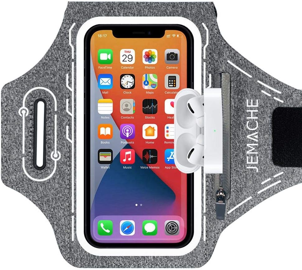 JEMACHEiPhone 16 Pro Max, 15 Pro Max, 16 Plus Armband, Gym Workouts Running Phone Arm Band for iPhone 16/15/14/13/12/11 Pro Max, 16/15/14 Plus with Airpods Holder (Grey)