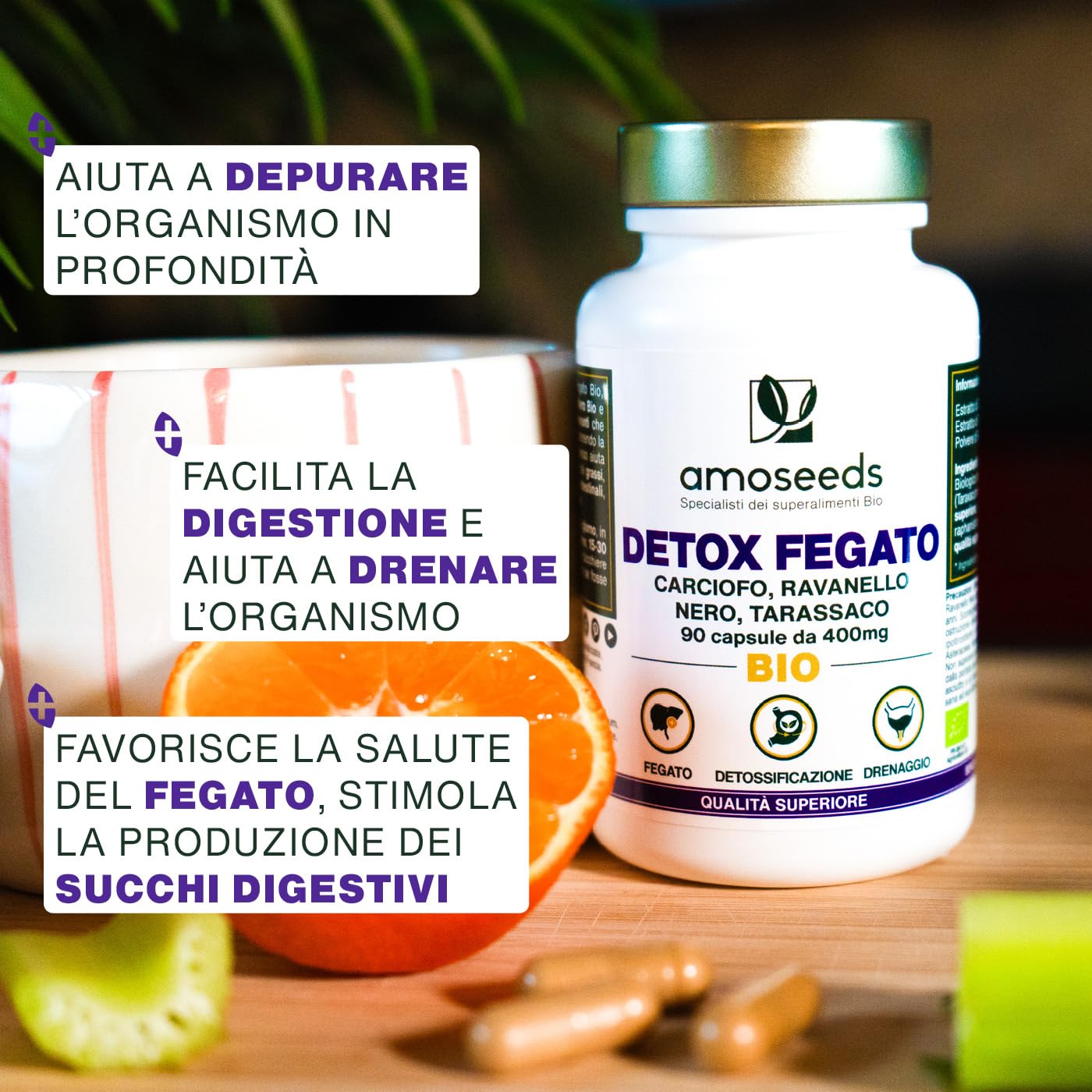 Detox Fegato BIO | Potente Depurativo de la Tossine, Drenante, migliora la Digestione | Carciofo, Ravanello Nero, Tarassaco | 90 capsule vegane, Integratore Detox | Qualità superiore