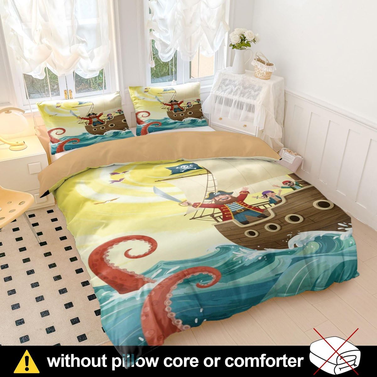 Tier-Piratenschiff-Bettwäsche, sonniges Meer, Abenteuer, Cartoon-Bettbezug, weiche Mikrofaser, Bettbezug für Kinder, Jungen, Mädchen, Schlafzimmer, Dekoration (Stil 3, Einzelbett 135 x 200 cm + 65 x