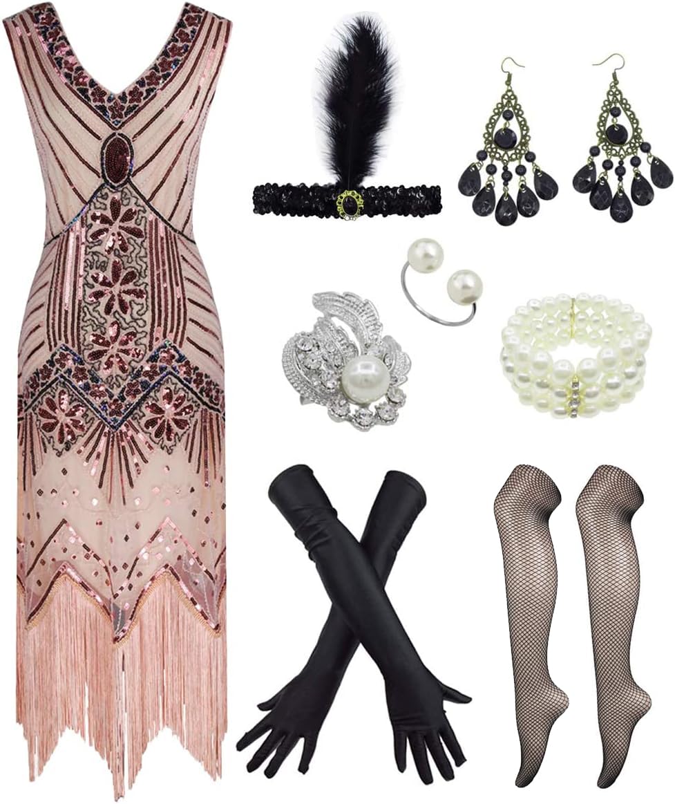 Women's 1920s V Neck Beaded Fringed Gatsby Theme Flapper Dress with Accessories Set