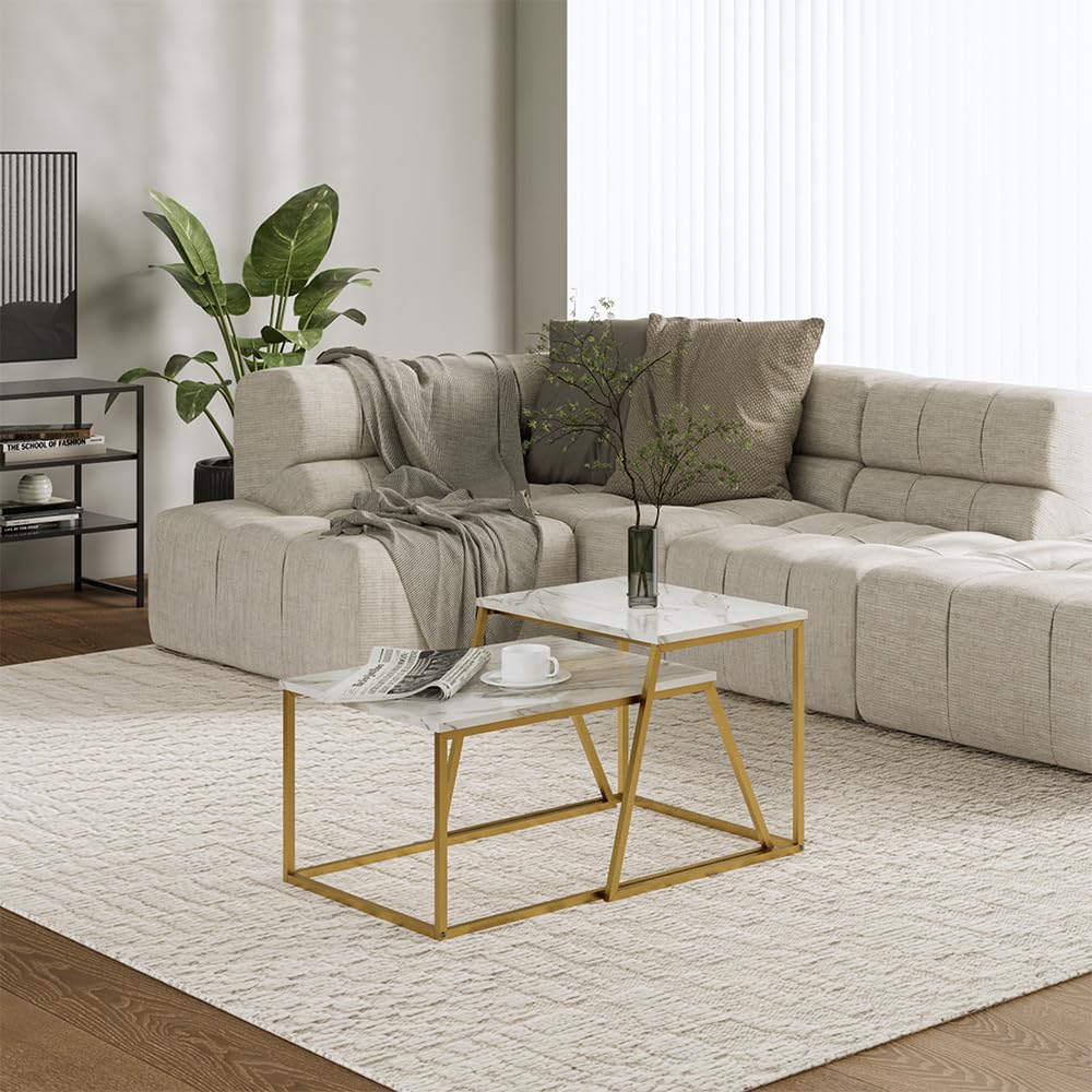 Vicco Couchtisch-Set Myra, Marmor-Weiß/Gold, 60 x 50 cm 2 Teile, zur flexiblen Nutzung als Beistell- oder Ablagetisch