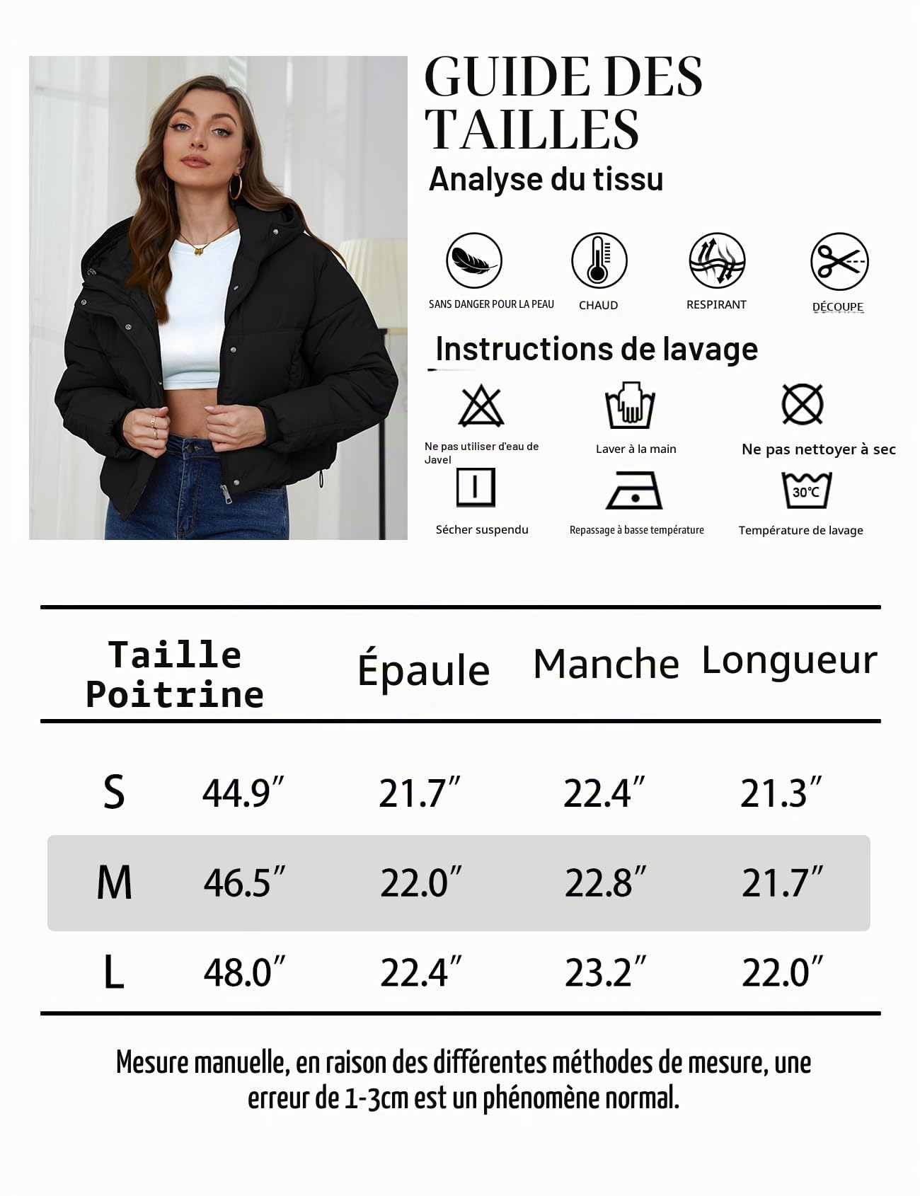 Yimoon Doudoune courte d'hiver à capuche avec fermeture éclair pour femme