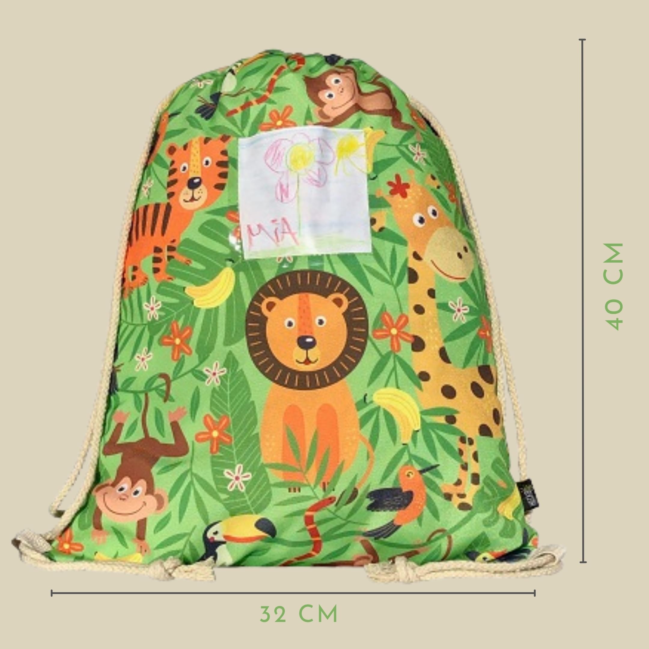 HECKBO Sacca per Bambini, Ragazzi e Ragazze con Taschino di Sicurezza per Foto - Giungla - Lavabile in Lavatrice - 40x32cm - Ideale per Asilo, Viaggi, Sport - Zaino, Borsa da Ginnastica