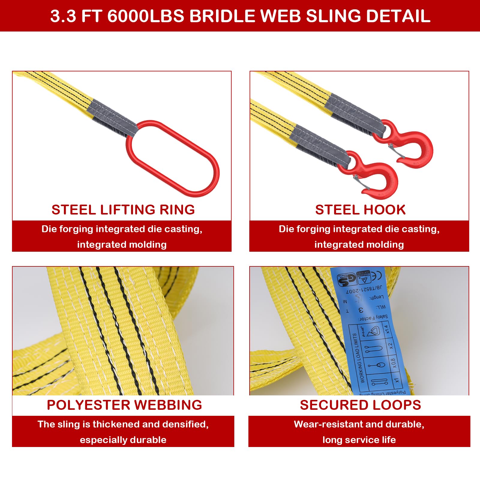 Cinghie di sollevamento con ganci, 3,3 piedi a due gambe briglie Web, capacità 5999,7 kg, cinghie di sartiame viola in poliestere per motori, gru, paranchi
