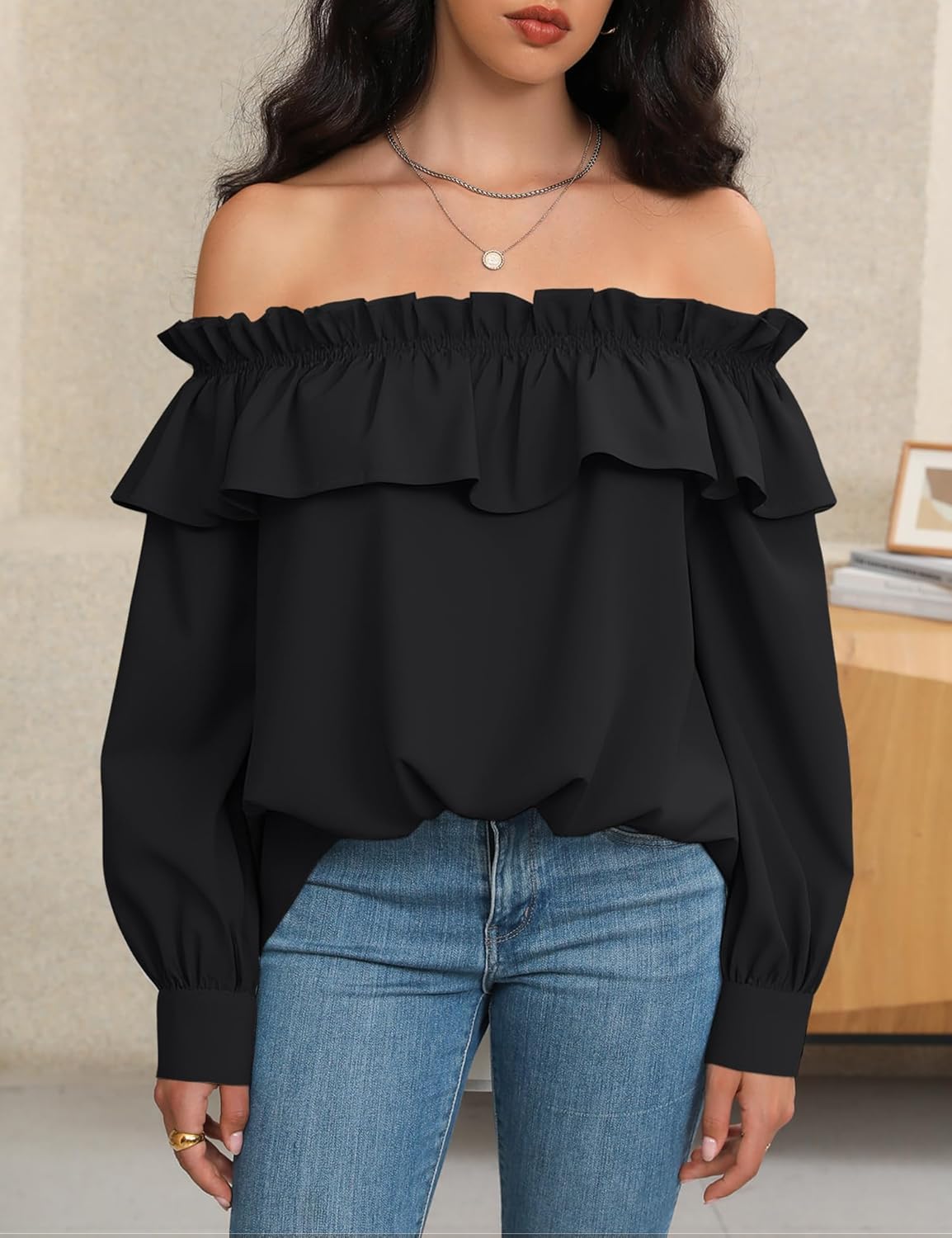 Prettywear Women's Sexy Off Shoulder Tops Long Sleeve Ruffle Blouse Flowy Going Out Shirt Oversized - Image 2