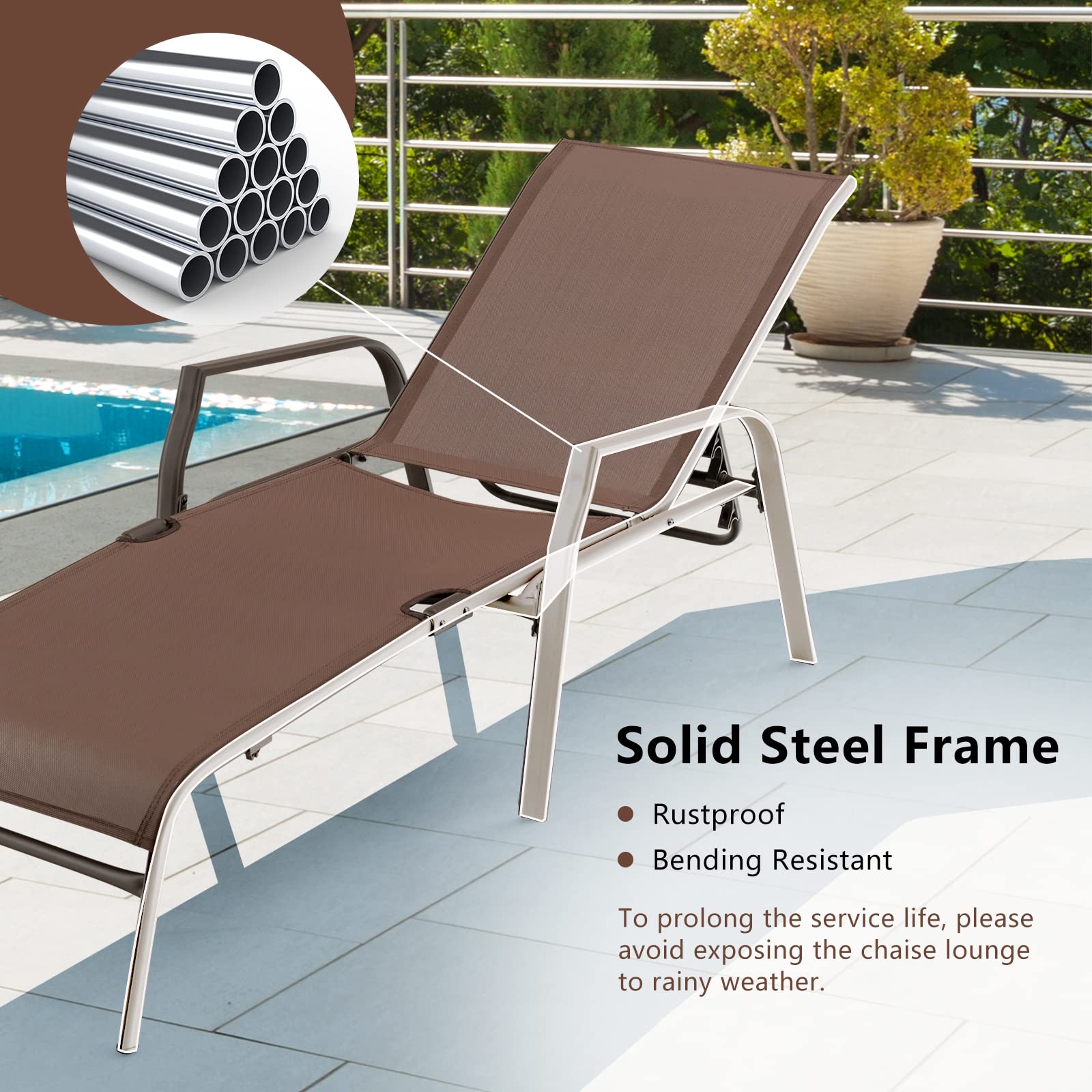Giantex Lot de 2 chaises longues pliantes - Avec dossier réglable sur 5 niveaux - En cadre en acier et textilène - Charge maximale : 150 kg - Marron