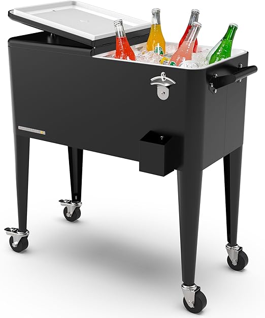 Permasteel 80-Qt Classic Outdoor Patio Cooler for Outside, Beverage Bar Cart With Wheels & Handles, Retro Design