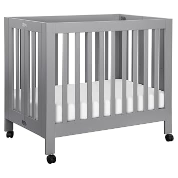 Babyletto Origami Mini Portable Folding Crib with Wheels in Grey, 2 Adjustable Mattress Positions, Greenguard Gold Certified