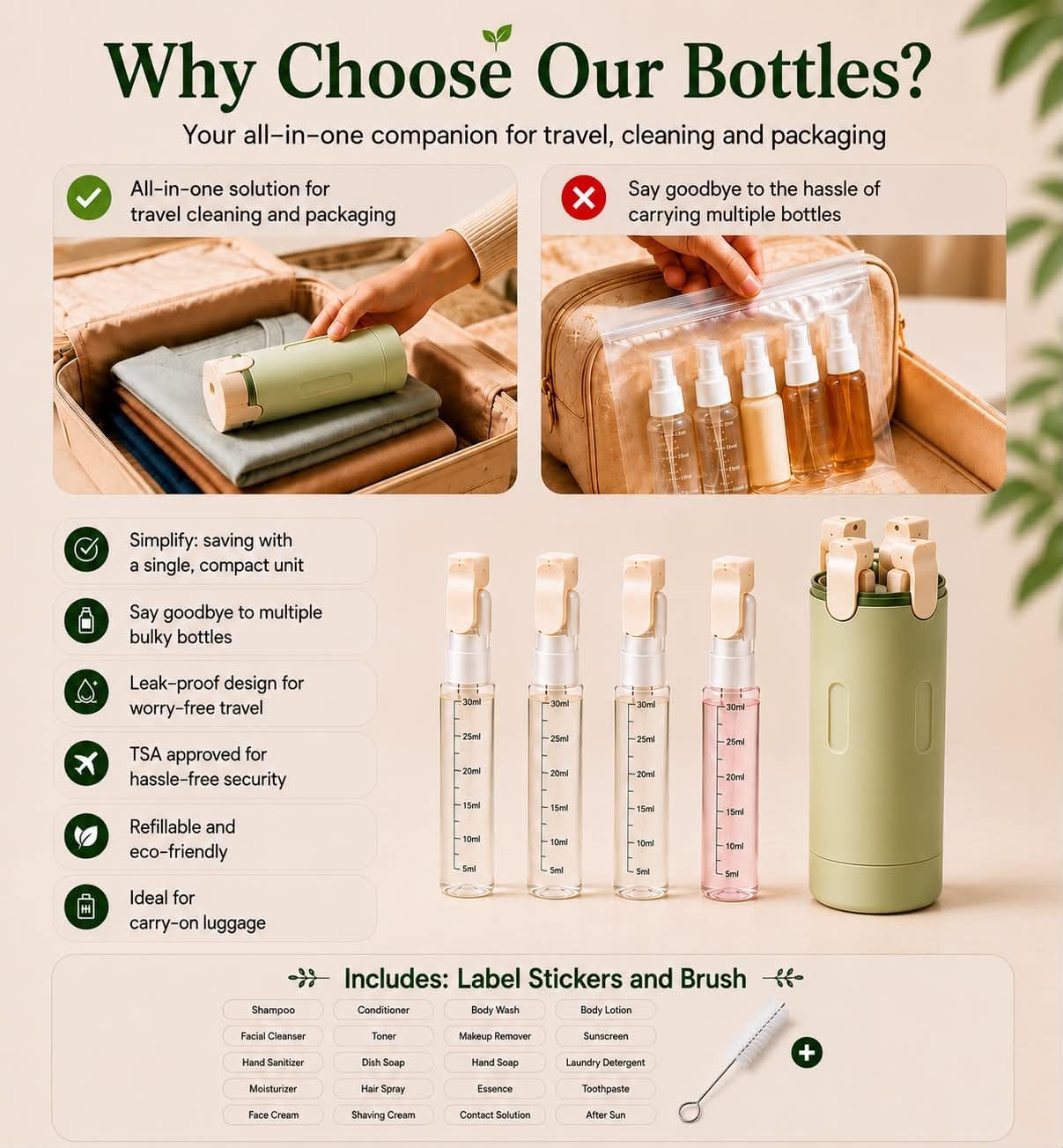 Green 4 in 1 Travel Dispenser for Toiletries, TSA Approved Leak Proof Refillable Travel Bottles for Shampoo, Conditioner, Lotion & Soap, Portable Travel-Size Container Accessories for Women & Men