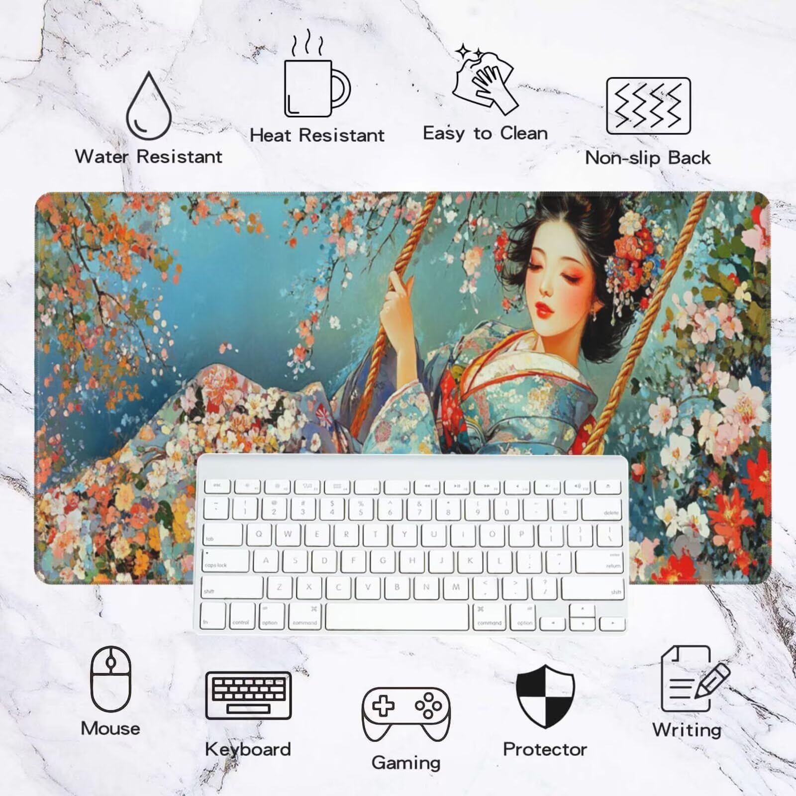 Alfombrilla Ratón Mujer Japonesa Alfombrilla Ratón XXL 1600 x 800 mm, Flor Mouse Pad Gaming con Bordes Cosidos, Base de Goma Antideslizante Duradera, Mouse Pad para Oficina Accesorios Escritorio Q880