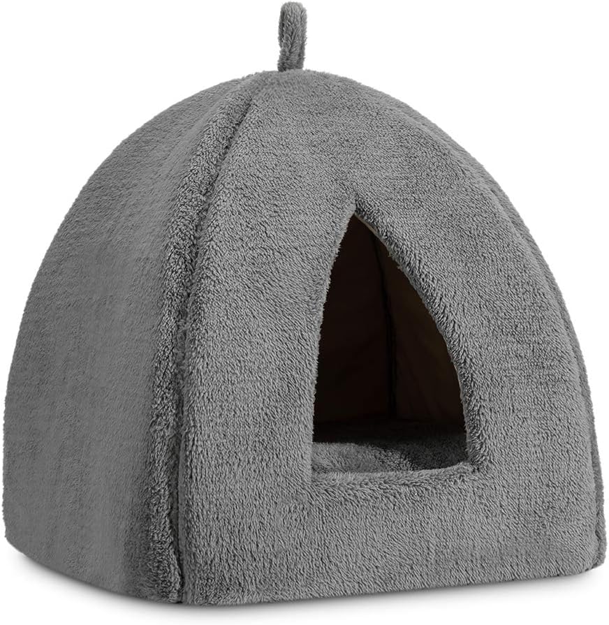 Hollypet Self-Warming 2 in 1 Foldable Cat Bed, 13 x 13 x 14 inches Comfortable Triangle Kittens Cave Tent House, Dark Gray