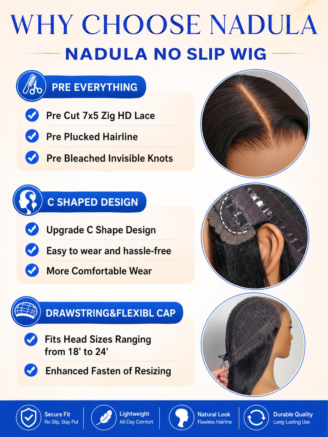 Nadula Bye Bye Slip Yaki Straight Drawstring Wig Human Hair with Flexible Mesh Cap, Pre Cut 7x5 Bye Bye Knots No Slip Wig Pre Plucked Bleached Knots Light Kinky Straight Wig Reday to Go 18inch
