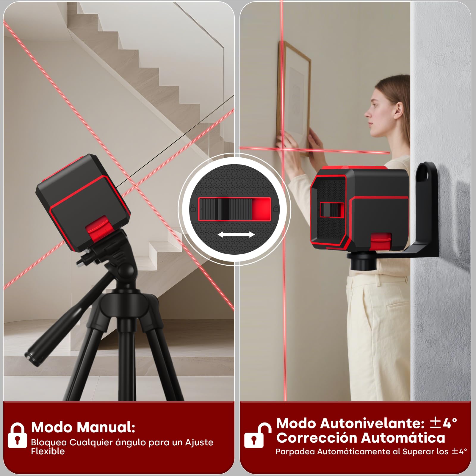 Niveau Laser Autonivelant, 20M Rouge Laser Horizontal/Vertical Lignes, 2 x AA piles, IP54 pour Les Chantiers,Décoration d'intérieur, DIY