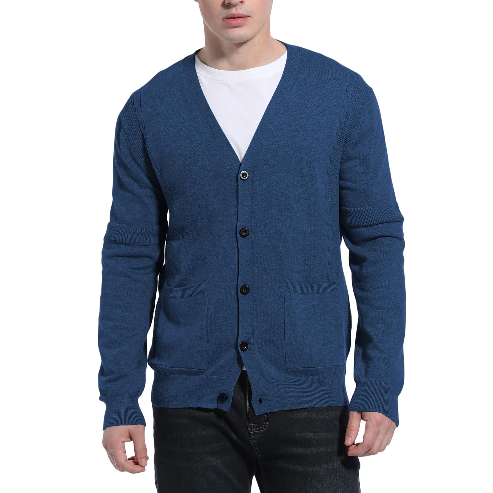 Suéter de Punto para Hombre Cuello V Chaqueta Casual Cierre de Botones Bolsillos Primavera Otoño