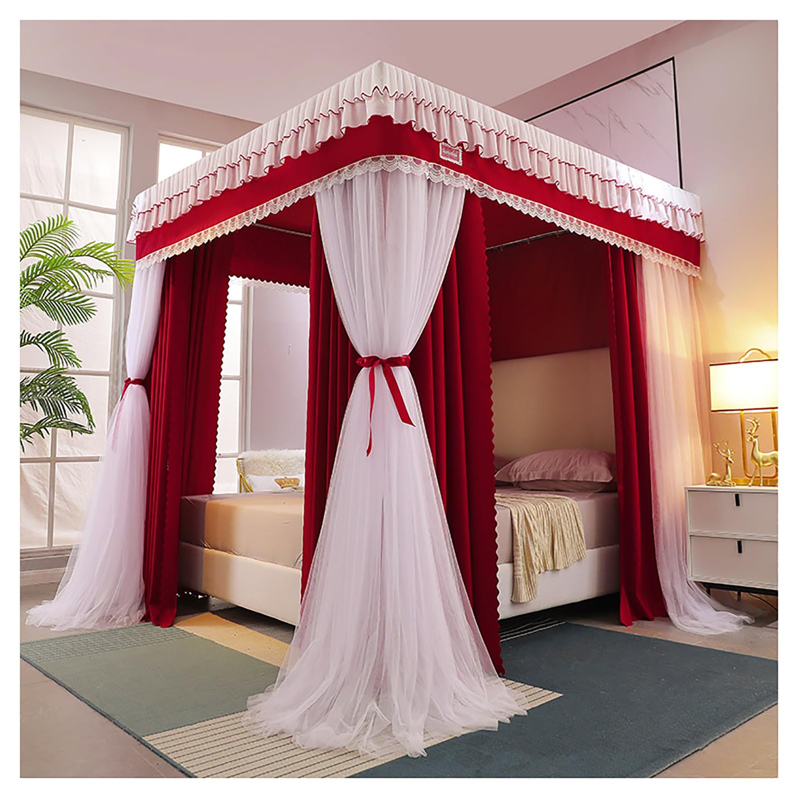 GJMSSMY 4 Poster Bed Canopy, Princess Canopy for Girls Bedroom Decor Bed Curtains Canopy Mosquito Net Set for Double/King/Super King Size Bed Canopy with Frame(Size:150×200×200cm,Color:Red