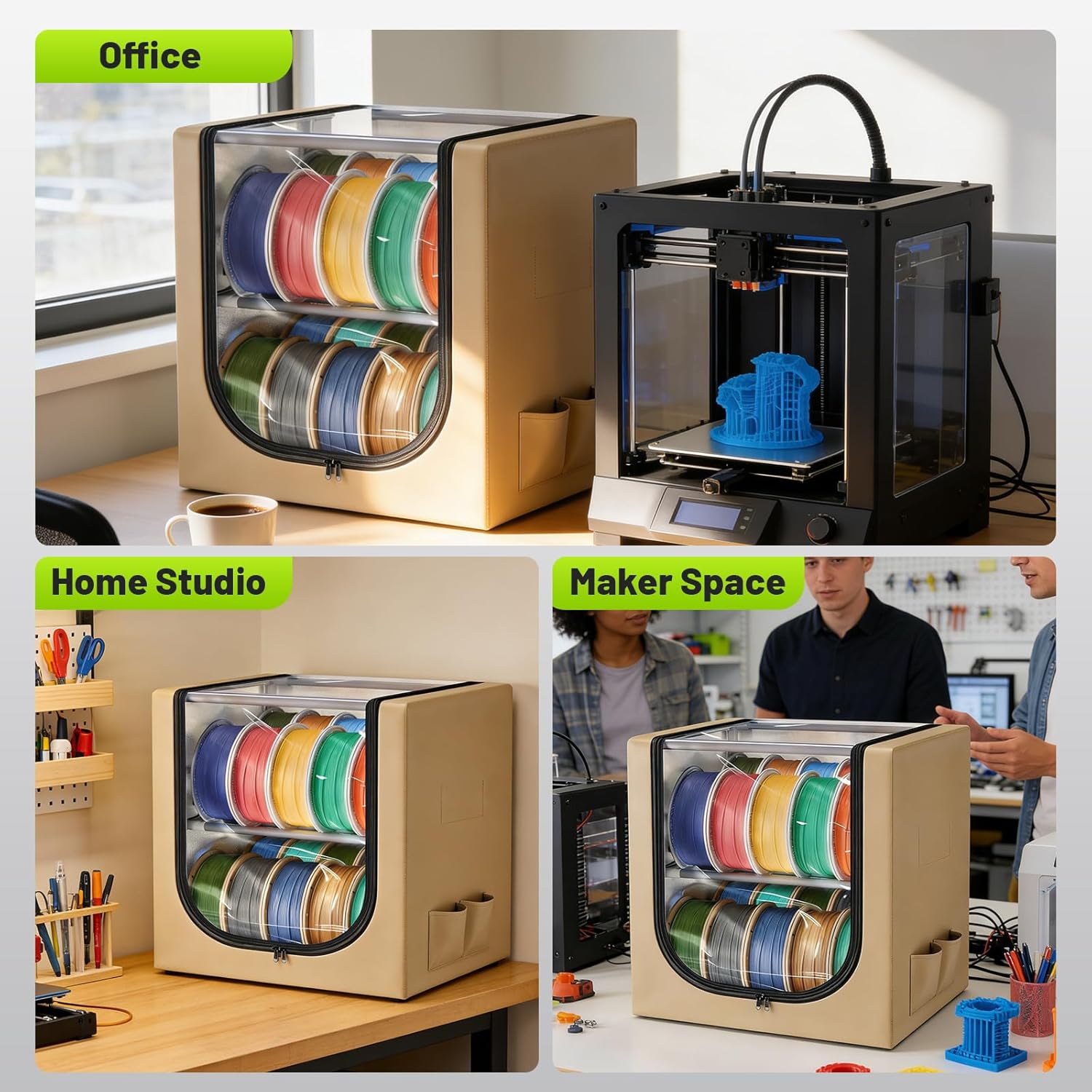 3D Filament Dry Storage Box, 2-Tier Metal Rack with Leather Cloth Cover, Holds Up to 20 Rolls of Filaments for Home & Workshop