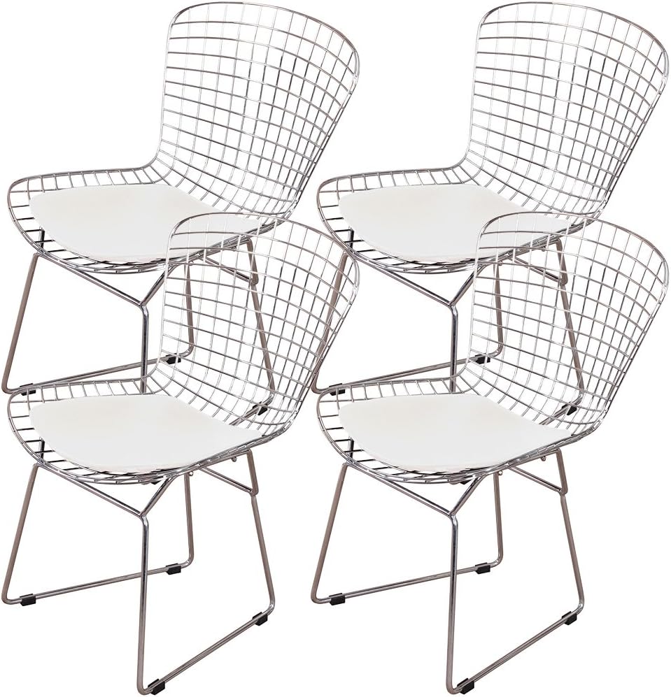 MLF Harry Bertoia Wire Side Chair (Set of 4). Chromed Wire Frame with Plastic Feet & PU Leather Cushion. (White/Cream)