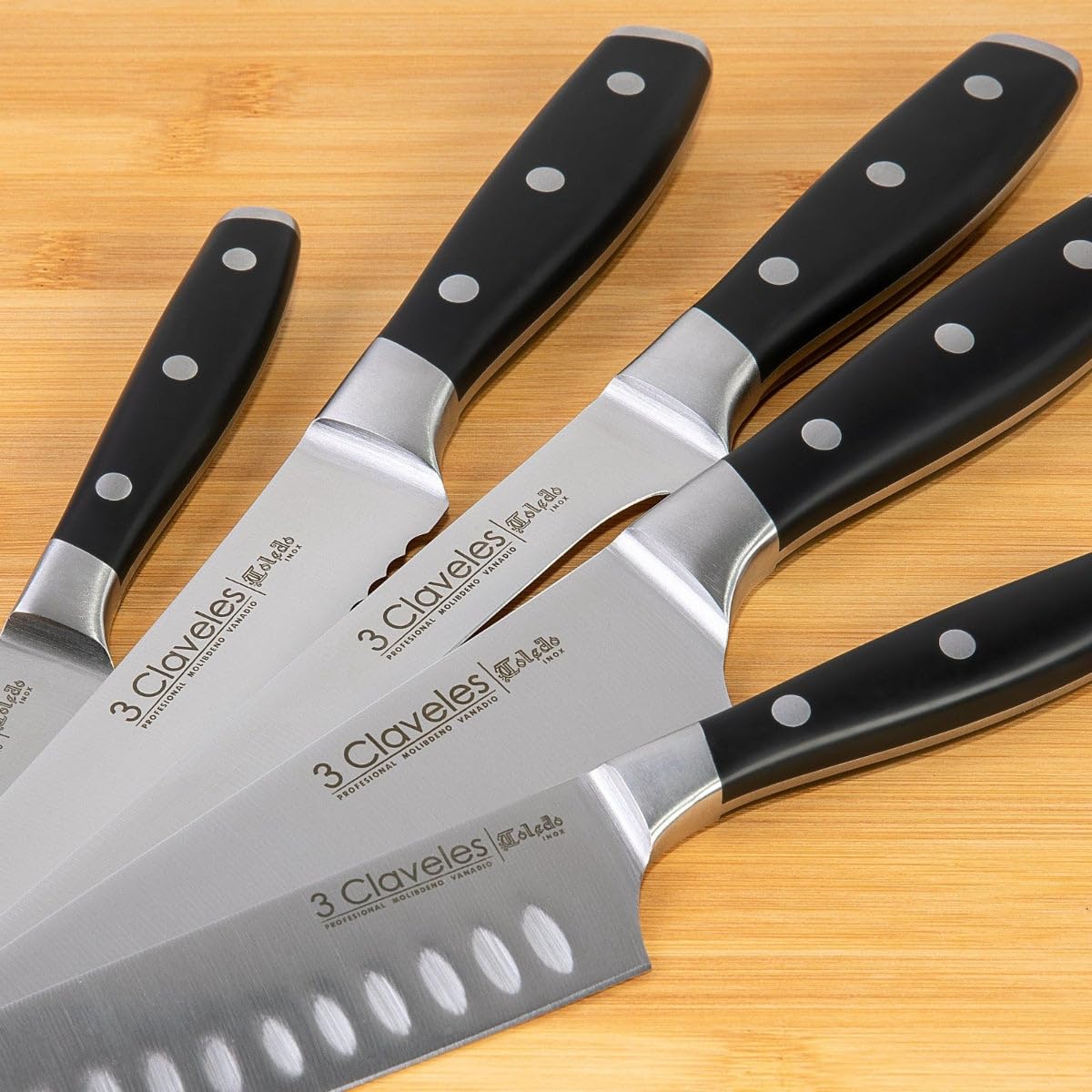 3 Claveles Juego Cocina, Madera,Acero Inoxidable, 5 Cuchillos Ash Toledo + 1 Tijera Star, 1637