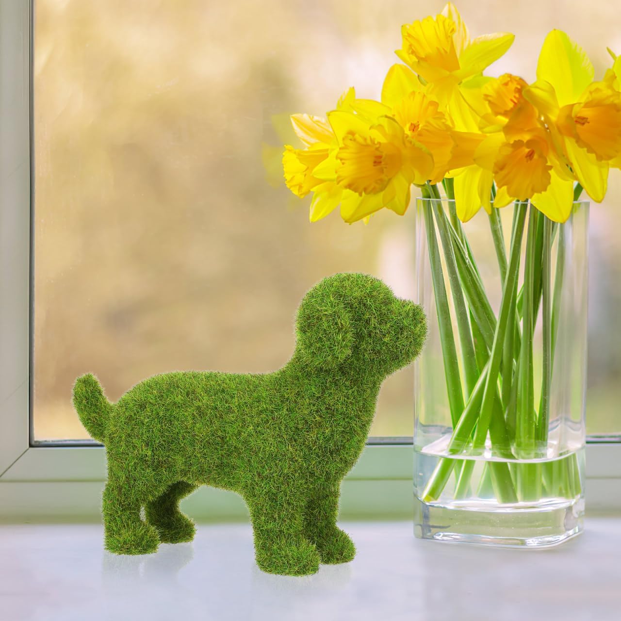 VILLCASE Small Green Flocked Dog Figurine - 6.9" Faux Moss Puppy Topiary for Shelves, Desks, Planters, Patio & Shop Window Decor - Image 2