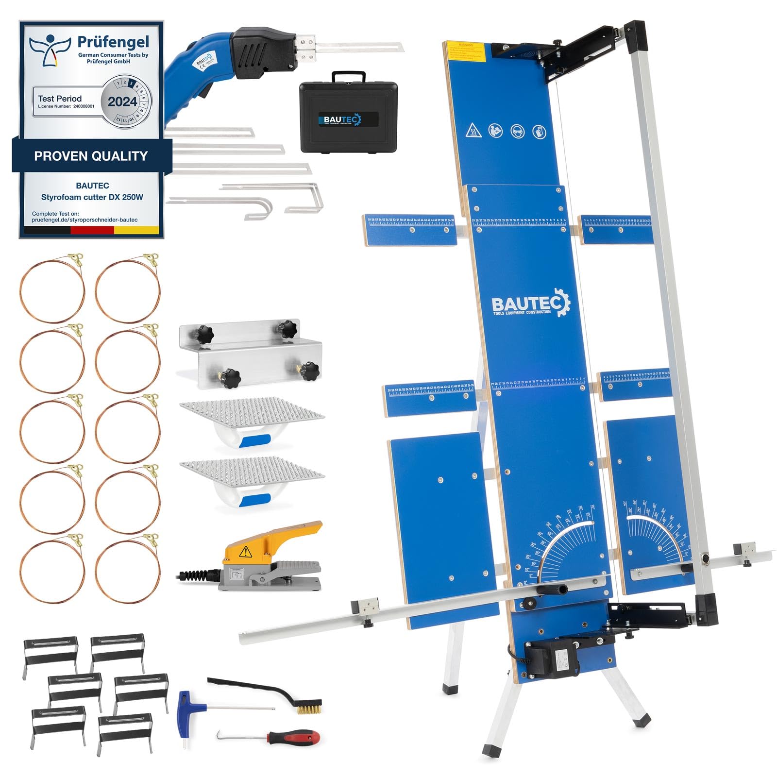 BAUTEC GAZELLE 7" Butterfly + STYROCUTTER 250 W (fonctionnement continu) » Kit professionnel avec 10 fils de coupe, Support d'échafaudage, Interrupteur au pied, râpe abrasive, 5 lames