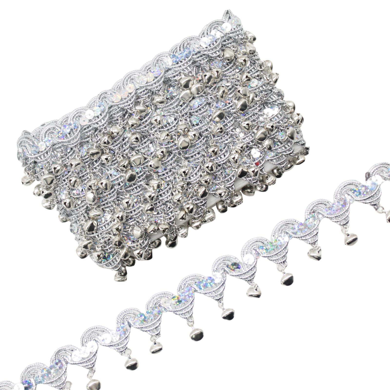 Yalulu 5Yards Sequins Bells Lace Tassel Fringe Trim Ribbon Sewing Latin Dress Stage Garment Curtain DIY Sewing Accessories Sequins Fringe Trim (Silver)